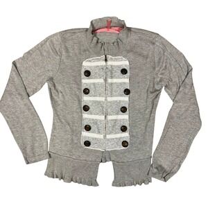 Knitted Dove Grey Military Ruffle Cardigan Zip Front Button Detail L